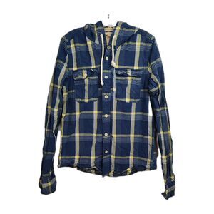 Hollister Button-Up Shirt w/ Hood Men's L Blue/Yellow Plaid Long Sleeves